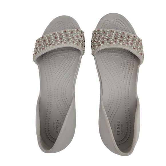 CROCS Size 5 Lina D'orsay Embellishes Flats Open Toe Gray Pink Slip On Womens - Picture 5 of 8